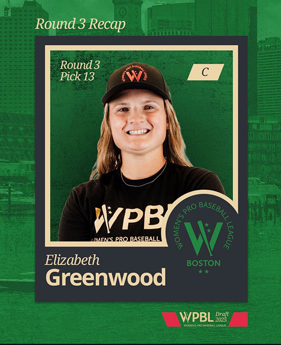 A Women's Pro Baseball League draft card showing Elizabeth Greenwood being selected by Boston in the third round with pick 13.