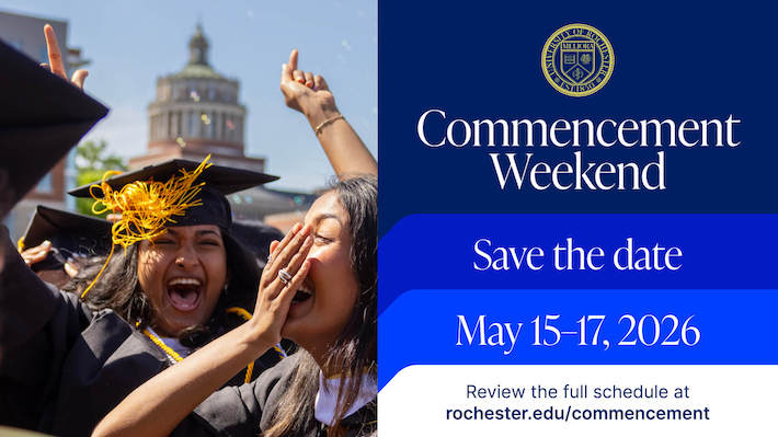 Commencement Weekend Save the Date. May 15–17, 2026. Two graduates celebrate. 