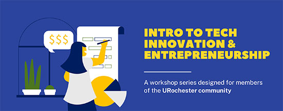 A blue, yellow, and white graphic of a person writing on a chart with text that says "Intro Tech Innovation & Entrepreneurship."