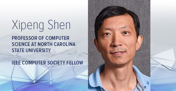 A graphic with blue and gray geometric shapes, a headshot, and text that says "Xipeng Shen, Professor of COmputer Science at North Carolina State University, IEEE Computer Society Fellow."