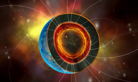 Illustration of deep layers of molten rock inside a super-earth that could generate powerful magnetic fields.