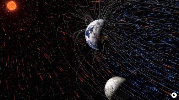 Image of solar wind (yellow-orange trails) strips ions from Earth’s upper atmosphere (sky-blue trails).