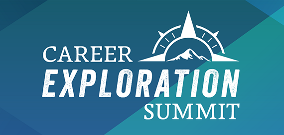 A blue and teal graphic with an illustration of a compass that says "Career Exploration Summit."
