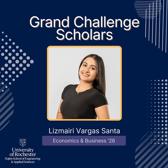 A dark blue graphic with a headshot and text that says "Grand Challenge Scholars: Lizmairi Vargas Santa, economics & Business '26