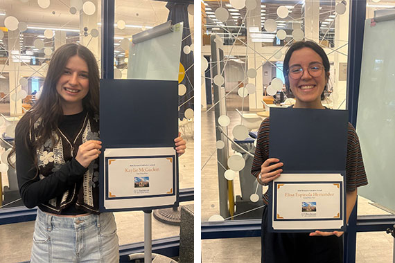 A composite of two engineering students holding certificates at a library.