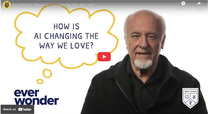 Screenshot a YouTube screen. An older professor with a thought bubble reading: How is AI changing the way we love?