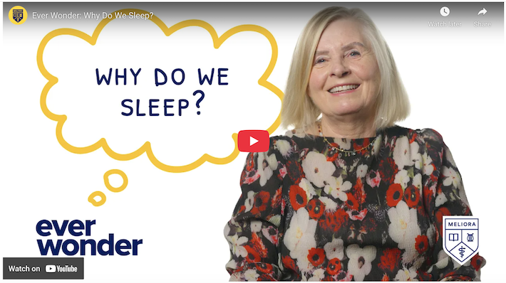 YouTube video screen with a woman in a floral blouse. A thought bubble reads: Why do we sleep?