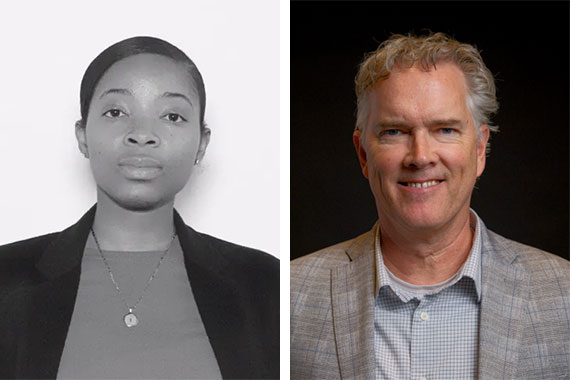 A composite of two headshots of guests for the Voices of XR Speaker Series.