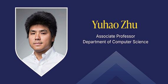 A navy blue graphic with a headshot within a shield and text that says "Yuhao Zhu, Associate Professor, Computer Science."