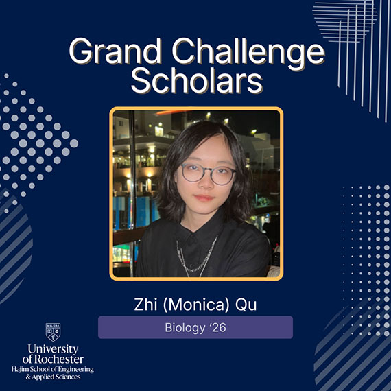 A dark blue graphic with a headshot and text that says "Grand Challenge Scholars: Zhi (Monica) Qu, biology '26."
