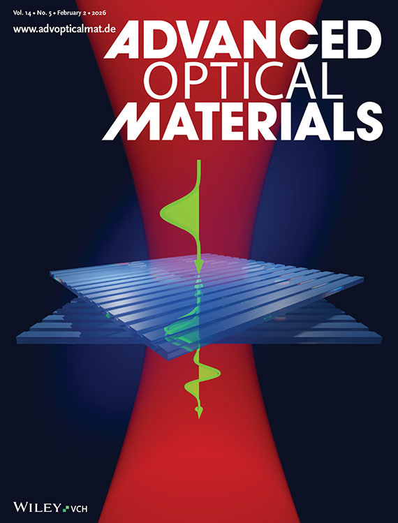 The back cover of an issue of the journal "Advanced Optical Materials" with an illustration depicting reconfigurable analog computation With twisted metasurfaces.