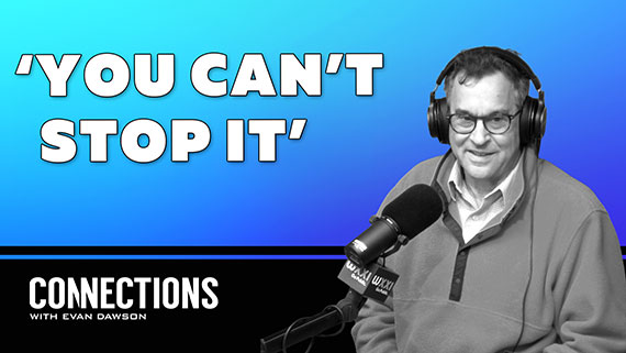 A graphic with a bright blue bacground, text that says "You Can't Stop It" and a black-and-white cutout of Barry Silverstein in the WXXI studios.