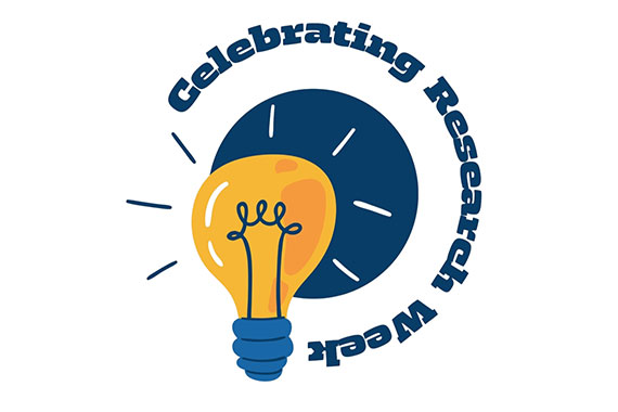 A white, blue, and yellow graphic with a lightbulb and text that says "Celebrating Research Week."