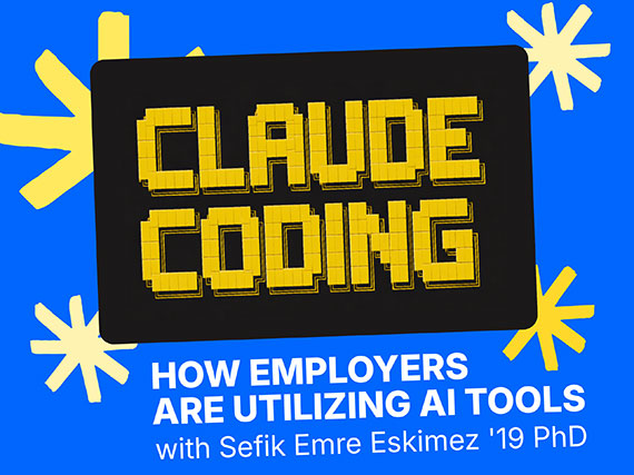 A blue, black, and yellow graphic that says "Claude Coding: How employees are utilizing AI tools."