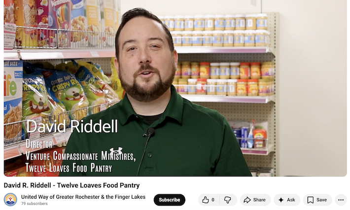 Screenshot of a YouTube homepage with a man in a green polo shirt. Text reads David Riddell, Twelve Loaves Pantry.