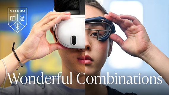 A splitscreen of two faces-- one wearing a virtual reality headset and the other wearing athletic headgear, with text overlaid that says "Wonderful Combinations."