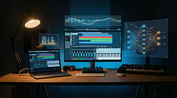 An AI illustration of an audio production computer setup with multiple screens.