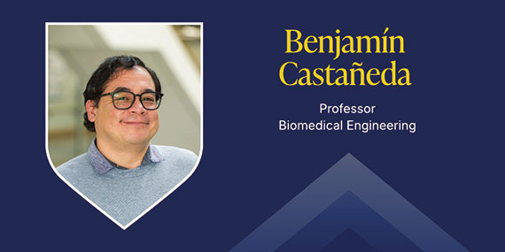 A blue graphic with a heashot of Benjamin Castaneda outlined and text that says "Benjamin Castaneda, Professor, Biomedical Engineering."