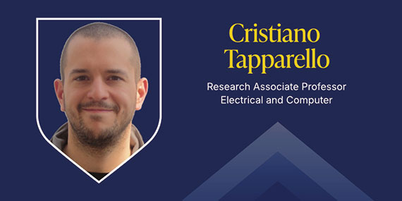 A dark blue graphic with a headshot in a shield and text that says "Cristiano Tapparello, Research Associate Professor, Department of Electrical and Computer Engineering."