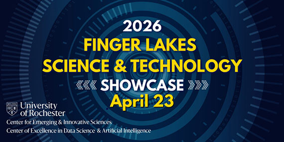 A blue, yellow, and white graphic that says "2026 Finger Lakes Science & Technology Showcase April 23."