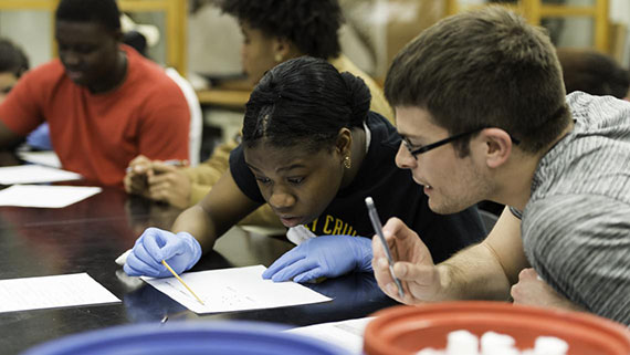 A high school student in gloves spreads a substance on a piece of paper with a stick.