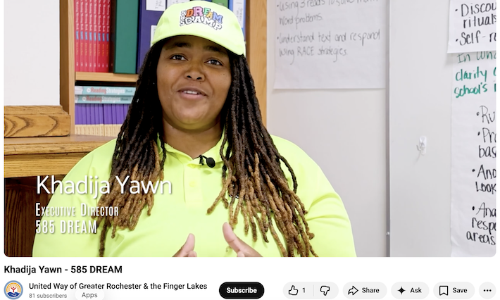 Screenshot of a YouTube homepage with a person in a lime green shirt. Text reads Khadija Yawn, 585 Dream. 