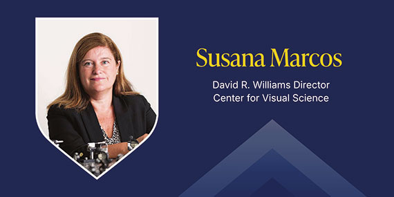 A navy blue graphic with a headshot of Susana Marcos in a shield with text that says "Susana Marcos David R. Williams Director of the Center for Visual Science."