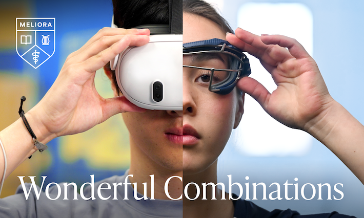 Splitscreen with hands on VR goggles over a face on the left and hands on safety goggles on the right.