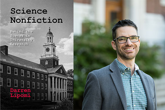 The cover of the memoir "Science Nonfiction" alongside its author, Darren Lipomi.