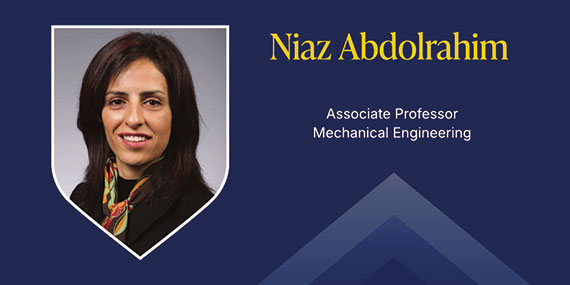A dark blue graphic with a headshot in a shield and text that says "Niaz Abdolrahim, associate professor of mechanical engineering."