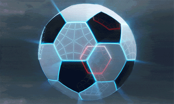An animation of a soccer ball spinning and illuminating to represent AI.