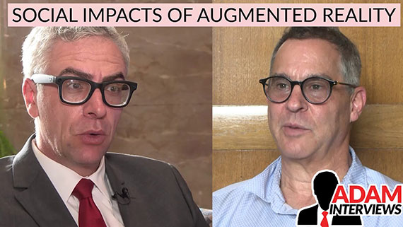 A composite of images of Adam Chodak and Barry Silverstein during an interview with text on top that says "social impacts of augmented reality."