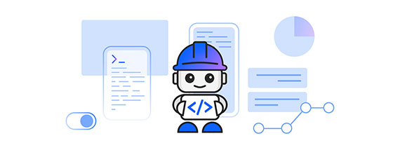 A blue, gray, and white illustration of a Lego figurine with a construction hat in front of data charts.