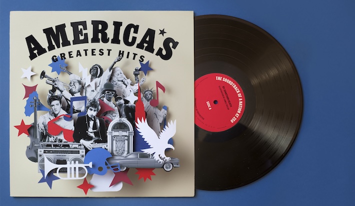 Illustration of a record peeking out from a sleeve reading America's Greatest Hits. 