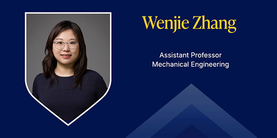 A dark blue graphic with a headshot in a shield and text taht says "Wenjie Zhang, assistant professor, mechanical engineering."