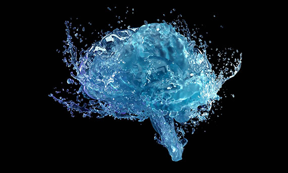 The shape of a brain but composed entirely of water that is sloshing around, all set against a black background.