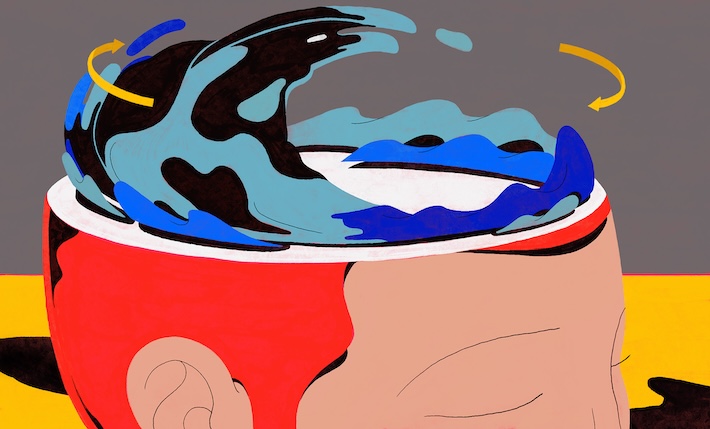 Illustration of a the inside of a person's head, with waves.