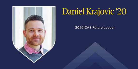 A dark blue graphic wiht a headshot in a shield and text that says "Daniel Krajovic '20; 2026 CAS Future Leader."