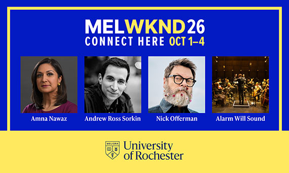 A blue and yellow graphic with four photos of the headlining acts and signature events plus text that says "MELWKND 26, connect here Oct 1-4."