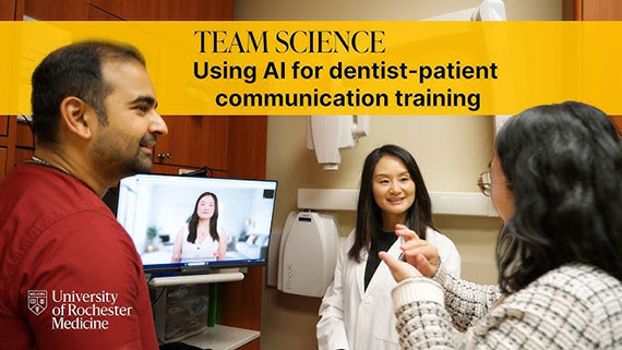Three people speaking in front of a screen with a digital avatar, with text overlaid that says "Team Scinece: Using AI for dentist-patient communication training."