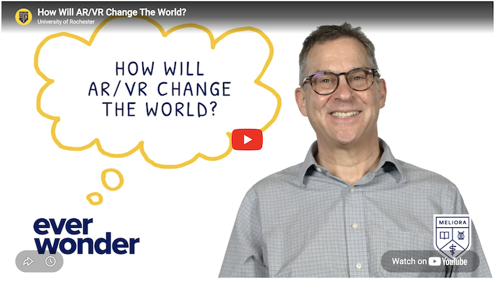 YouTube video screen with a professor in a button-down shirt. A thought bubble reads: How will AR/VR change the world?