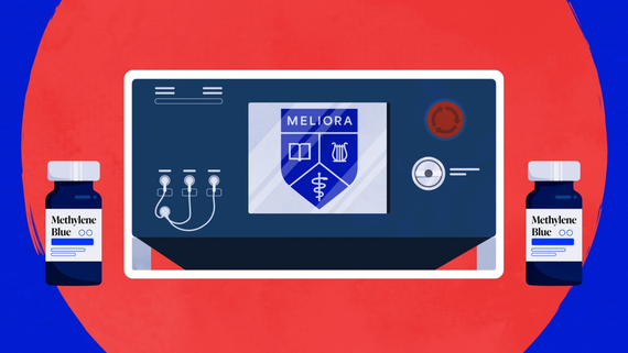 Illustration of a photodynamic therapy machine next to two vials of methylene blue.