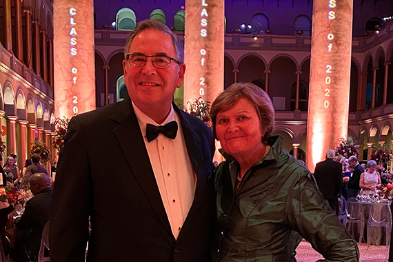 A medium shot of Stephen and Elizabeth Fantone wearing formalwear.