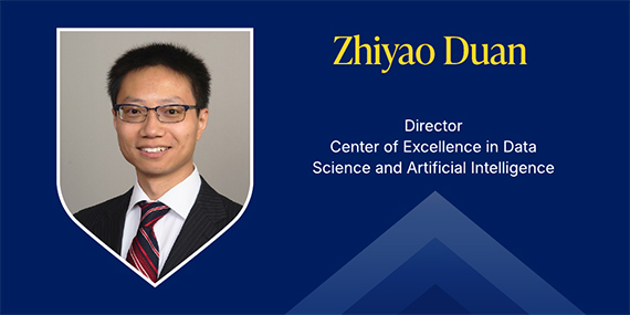 A blue graphic with a headshot in a shield and text that says "Zhiyao Duan, Director, Center of Excellence in Data Science and Artificial Intelligence."