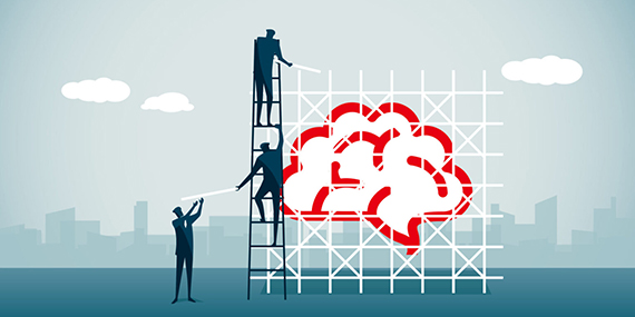 Illustration of people working on a brain surrounded by scaffolding.