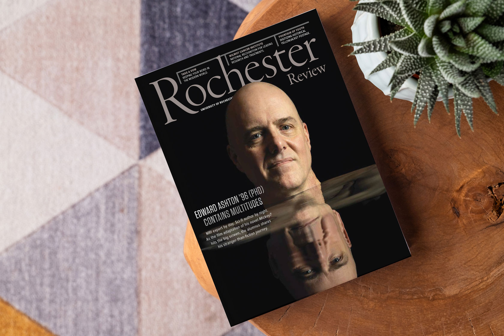 Cover of Rochester Review magazine featuring the University of Rochester's branding and imagery.