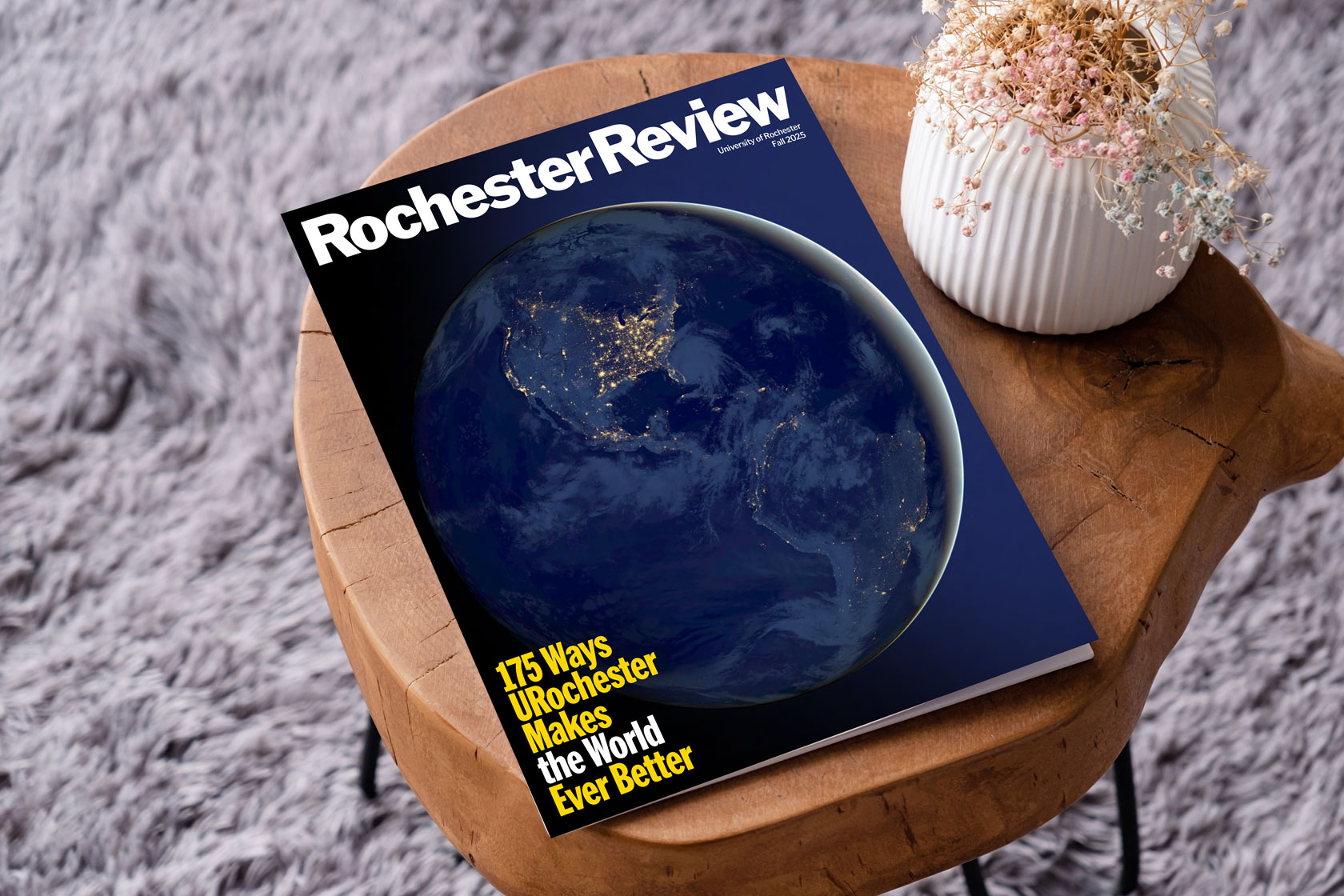 Cover of Rochester Review magazine featuring a bold title and engaging imagery related to current topics.