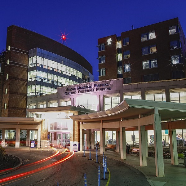 An exterior view of the Strong Memorial Hospital building at URMC