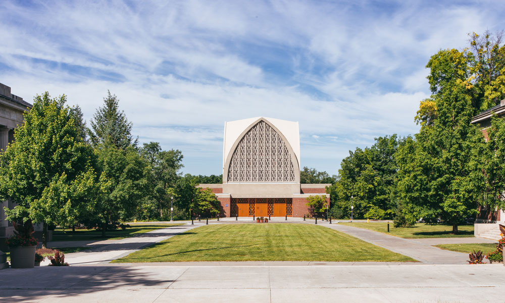 In this photo, exterior view of the Interfaith Chapel as seen from the George Eastman Quad on the University of Rochester's River Campus.