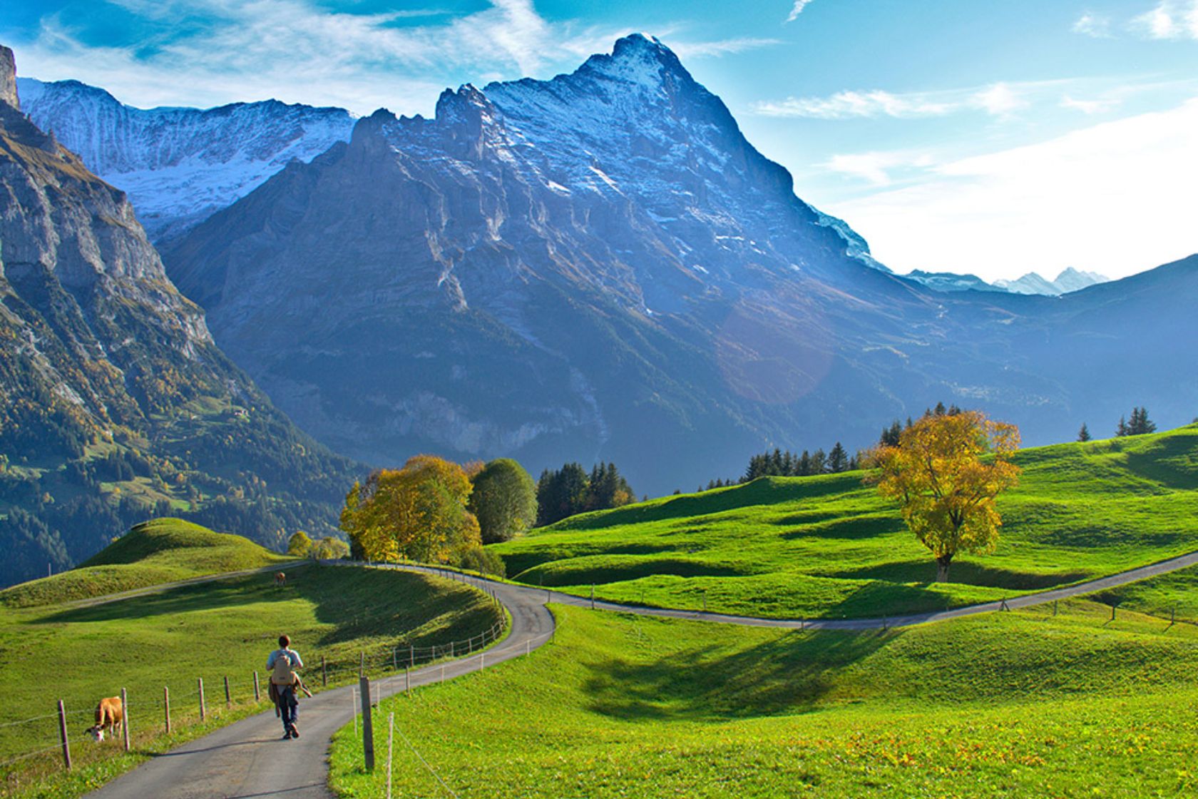 A person walks on a winding path through green hills with towering, snow-capped mountains in the background under a clear, sunny sky.